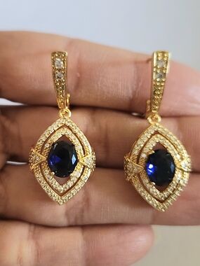 New 18K Gold Plated Oval Cut Blue Sapphire Diamond Dangle Drop Hoop Earrings